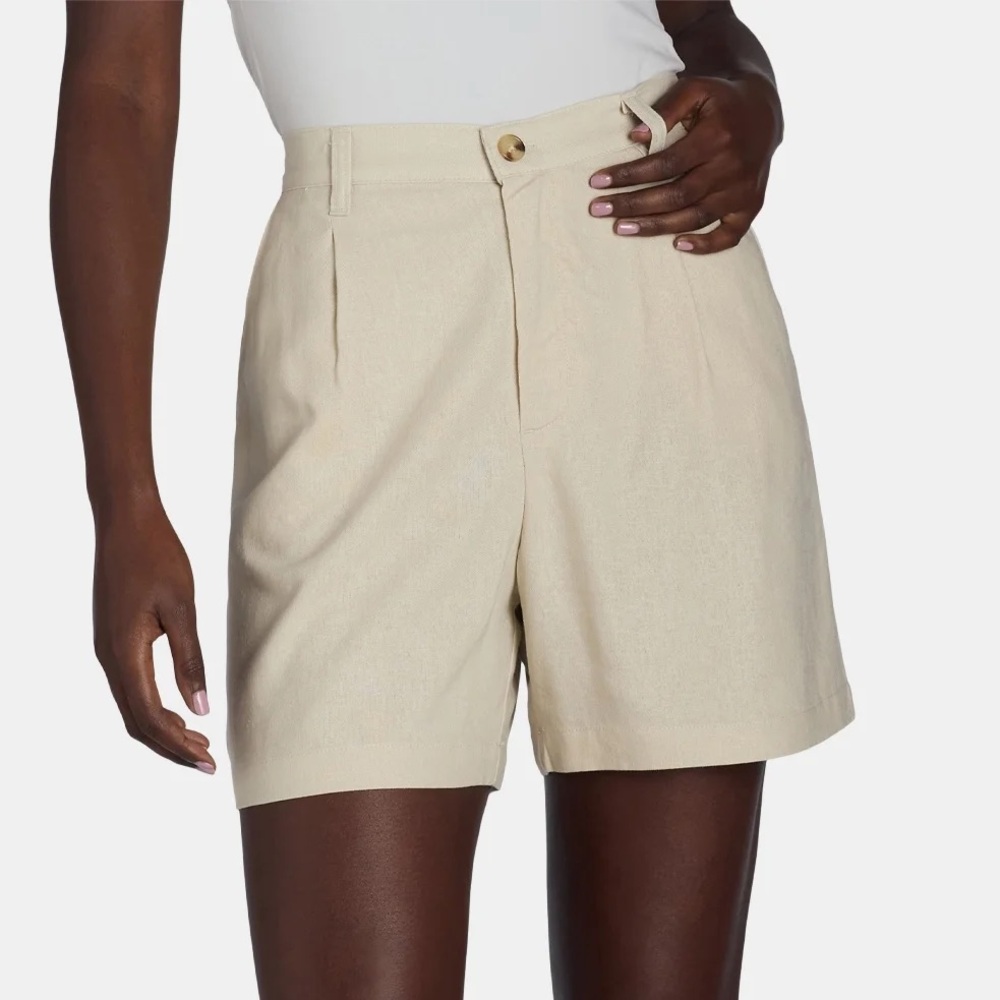 NWT Size M (8-10) Cream Linen-Rayon Shorts Flat Front-Elastic Back Pockets